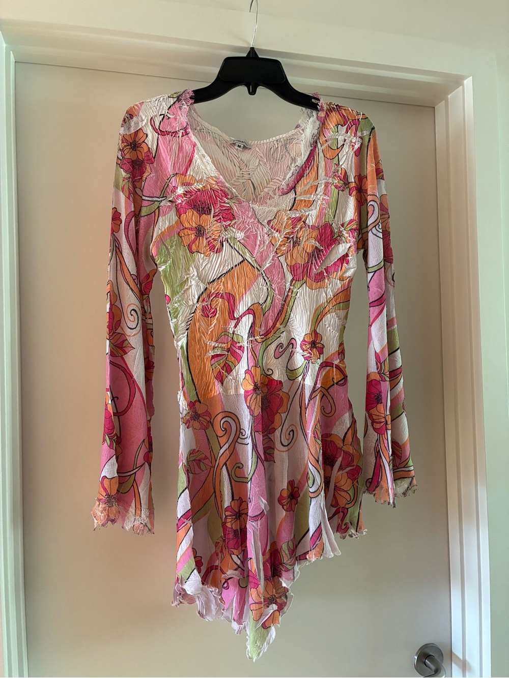 Komarov Floral V-Neck Crinkle Asymmetrical Tunic Top - Pink/Orange